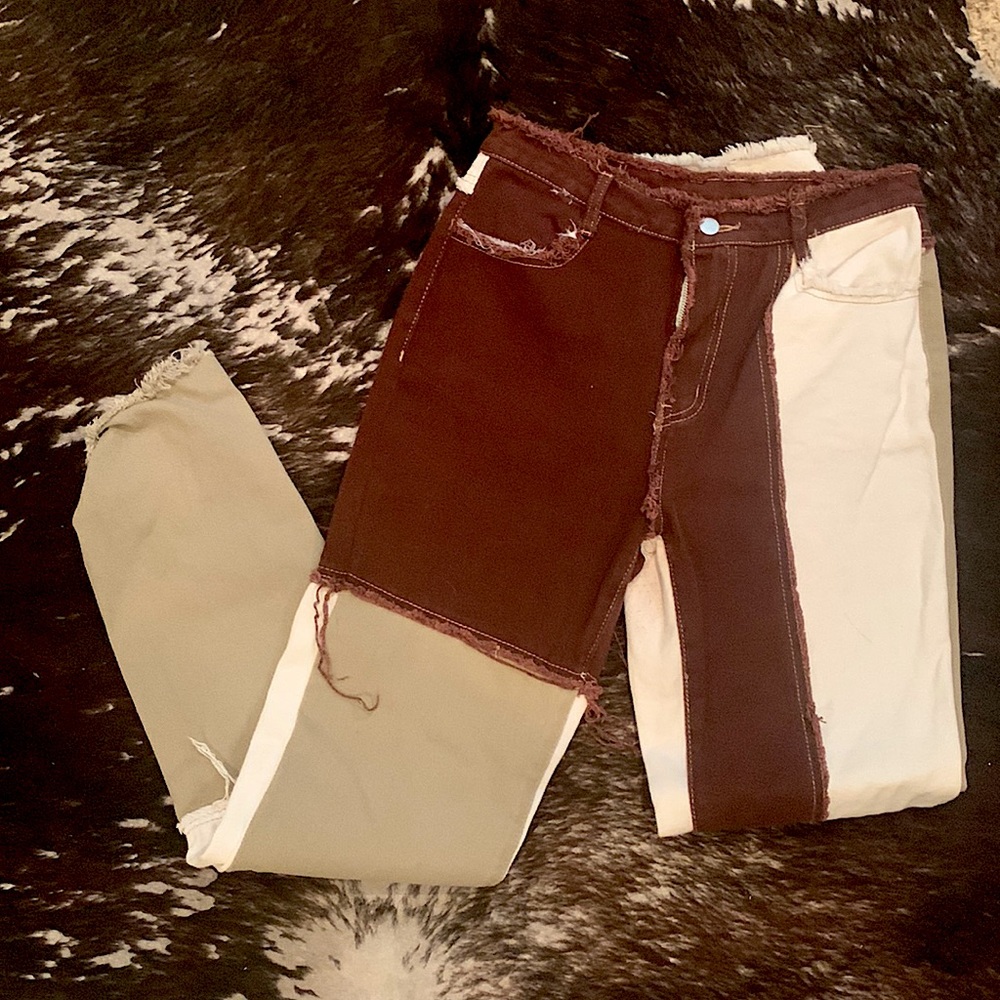 Tan, Brown, Cream, & White ColorBlock Flare Jeans!